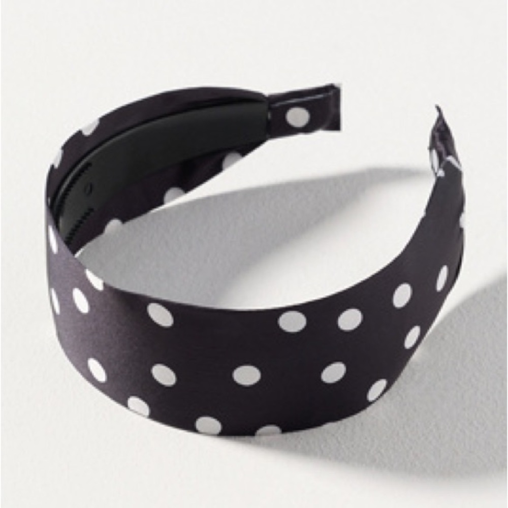 ANTHRO Wide Satin Headband - Black and White Polka Dot